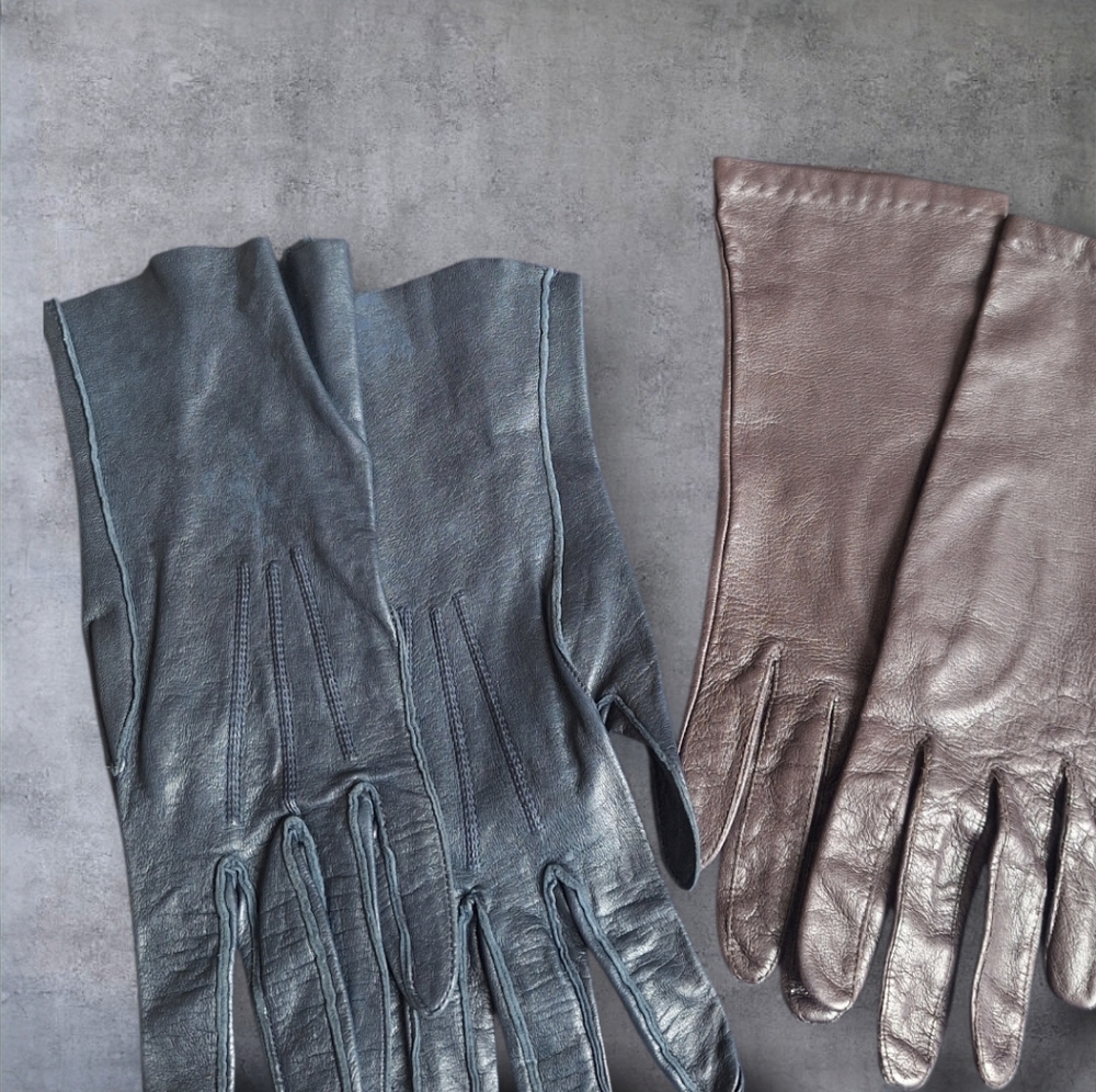 Pair Of Elegant Leather Gloves Set - Dark Blue and Brown- Vintage